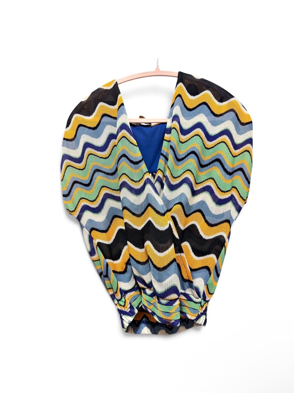 Ramy Brook Multicolor Wavy V-Neck Sweater - Blue, Yellow, Green, Black, Cream